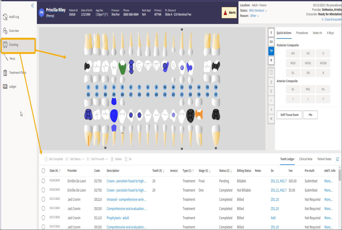 Charting option with yellow highlight box around it and yellow arrows pointing downwards to the odontogram and the tooth ledger.